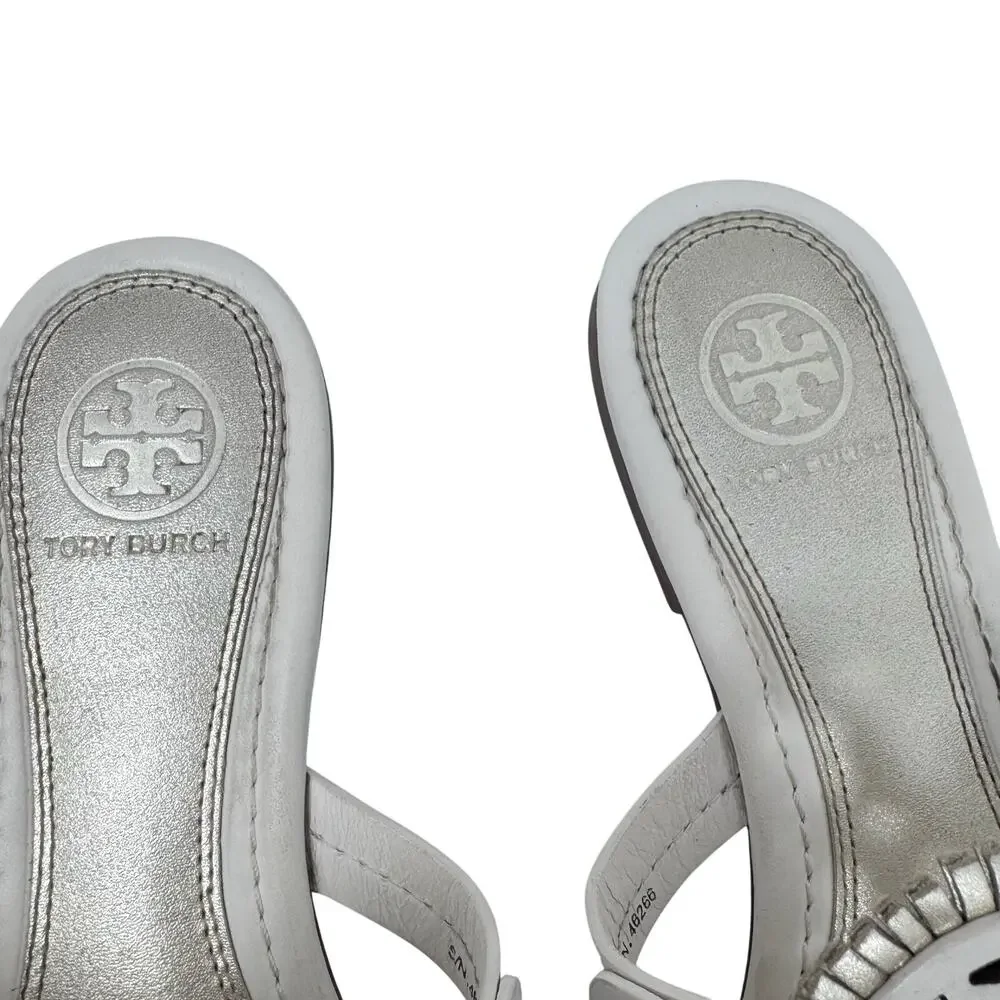 TORY BURCH Metallic Gold Cream Fringe Miller Logo Sandals Flip Flops Size 6.5